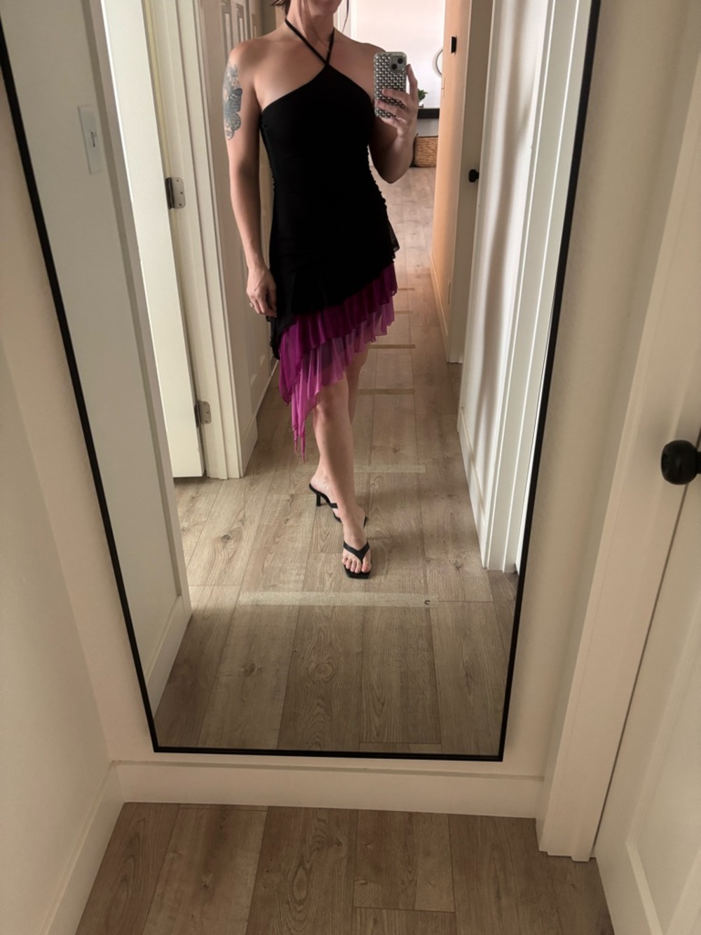 Vintage Asymmetrical Black Dress with Magenta Ruffle Hem